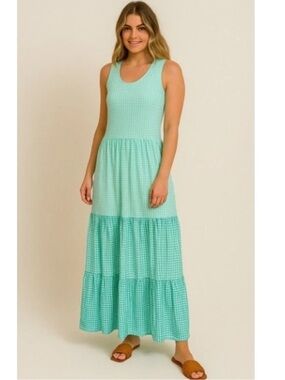 LANDS’ END green gingham check tiered maxi tank dress size XL/18